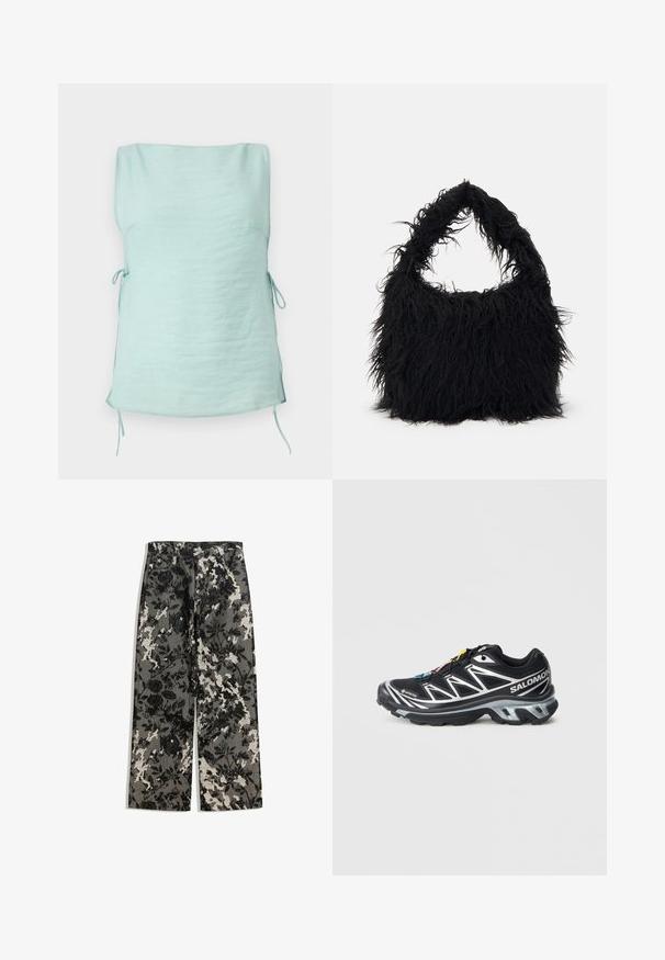 Svijetlo mint zelena bezrukavna majica izrađena od teksturiranog materijala. Ima bočne vezice za prilagodbu veličine i jednostavan, ravno krojen dizajn.; Hlače srednje visine s širokim nogavicama u teksturiranom crno-bijelom cvjetnom uzorku na sivoj pozadini, s klasičnim pojasom i prednjim džepovima.; Crne trkačke tenisice sa srebrnim akcentima, GORE-TEX materijalom, teksturiranom potplatom i šarenim vezicama. Imaju jastučić na peti za podršku.; Even&Odd Velika torba - black