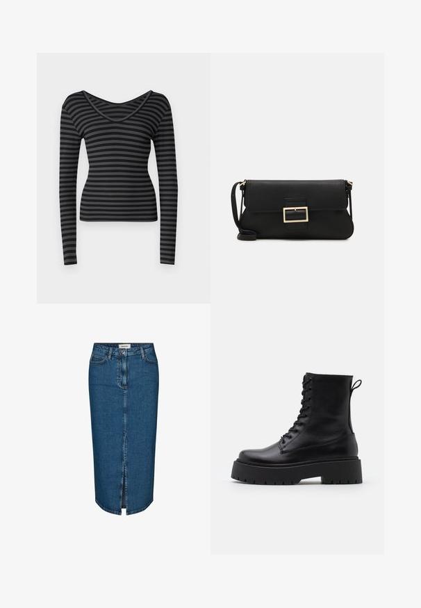 ONLY ONLTRISTA V NECK BOX - Ilgarankovis viršutinės dalies drabužis - black/magnet; Tamsiai mėlyna džinsinė pieštuko sijonas, turintis priekį įpjovą, penkis kišenes ir kontrastingą siuvimą. Vidutinio aukščio liemuo su klasikiniu dizainu.; Juodos odinės aulinukės su apvalia nosimi, raišteliais priekyje ir storesniu guminio pado apačioje su tekstūruotu raštu. Priekyje yra kilputė.; Juodas odinis dėkliukas su atvarteliu ir auksinės metalinės sagties detalėmis. Įeina juodas diržas ir elegantiškas, minimalistinis dizainas.