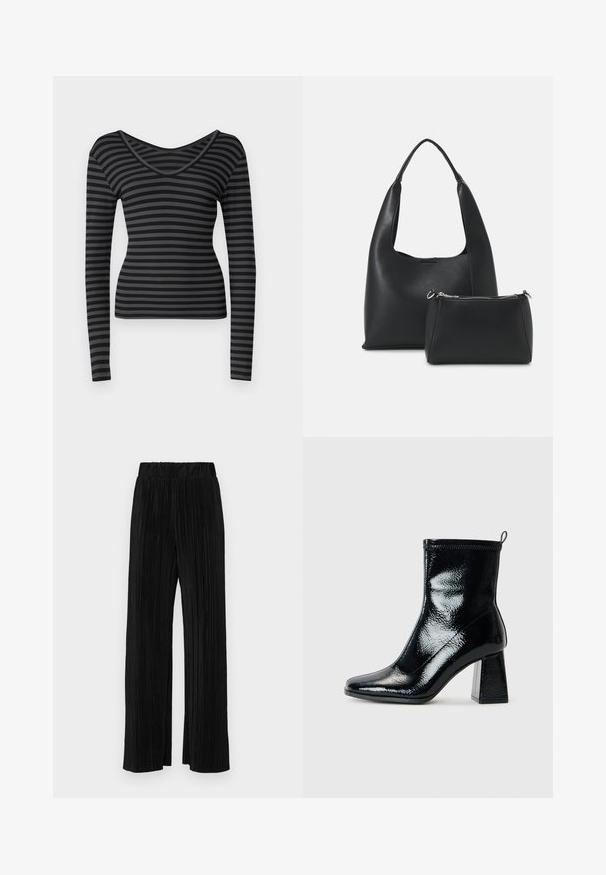 ONLY ONLTRISTA V NECK BOX - Top dugih rukava - black/magnet; Crne plisirane hlače s elastičnim pojasom. Imaju široke nogavice i glatku, teksturiranu tkaninu s vertikalnim prugama.; Crne lakirane čizme do gležnja sa četvrtastim prstom i masivnom geometrijskom petom. Imaju glatku, sjajnu teksturu i stražnju traku za lakše obuvanje.; Even&Odd Ručna torba - black