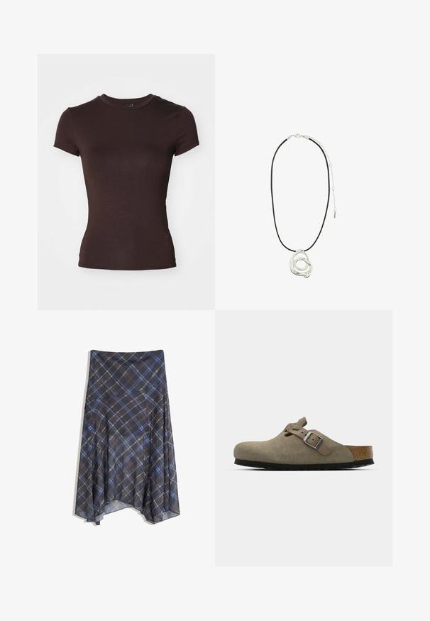 Brun kortärmad t-shirt med rund halsringning, tillverkad av ett mjukt, lätt tyg, med en figurnära passform och inga synliga mönster.; Svart rutigt kjol med blå och bruna linjer, flödande design, medellång, tillverkad av lättviktsmaterial med en slät textur.; Mockasiner i mocka i ljus olivgrön med en formad kork- och gummisula. Har ett sidclicked band med en metallspänne och en rundad tå.; Pilgrim UNFOLD - Halsband - silver-coloured