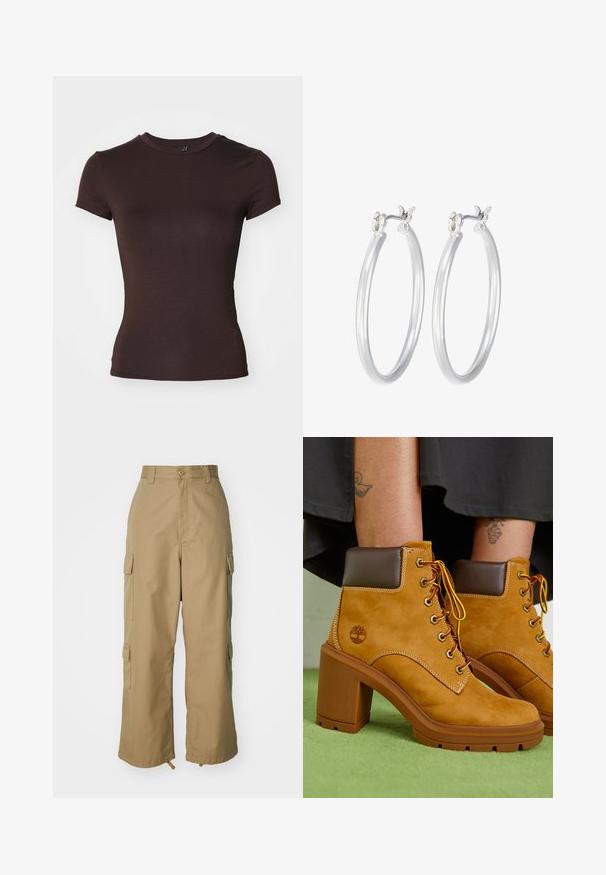 Camiseta corta de manga corta marrón con un cuello redondo, hecha de un tejido suave y ligero, presenta una forma ajustada y sin patrones visibles.; Pantalones cargo beige con cintura alta, piernas amplias y cuatro grandes bolsillos laterales. Fabricados con un tejido duradero y una textura suave, con un detalle mínimo.; Botas de tobillo de gamuza beige con un collar marrón, ojales dorados y cordones amarillos. Tacón marrón grueso y detalle del logotipo en el lateral.; Pendientes de aro de plata con un acabado liso y pulido. Forma redonda y cierre de click seguro. Diseño ligero adecuado para el uso diario.