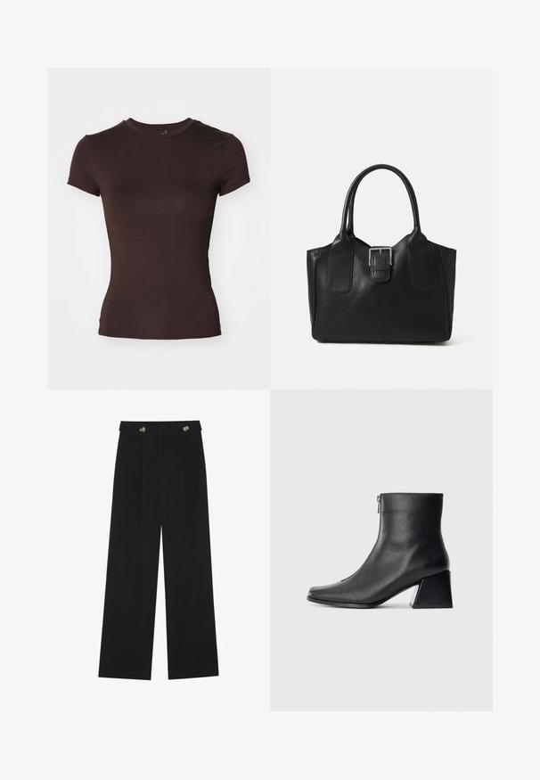 T-shirt castanho de manga curta com decote redondo, feito de um tecido suave e leve, com um formato ajustado e sem padrões visíveis.; Calças largas pretas com cintura alta, detalhes em botão na cintura e pregas frontais.; Bota de tornozelo em couro preto com bico quadrado, fecho lateral e salto bloco contra um fundo claro plano.; Bolsa tote de couro preta com textura suave, forma estruturada, duas alças e um destaque prateado proeminente na parte da frente.