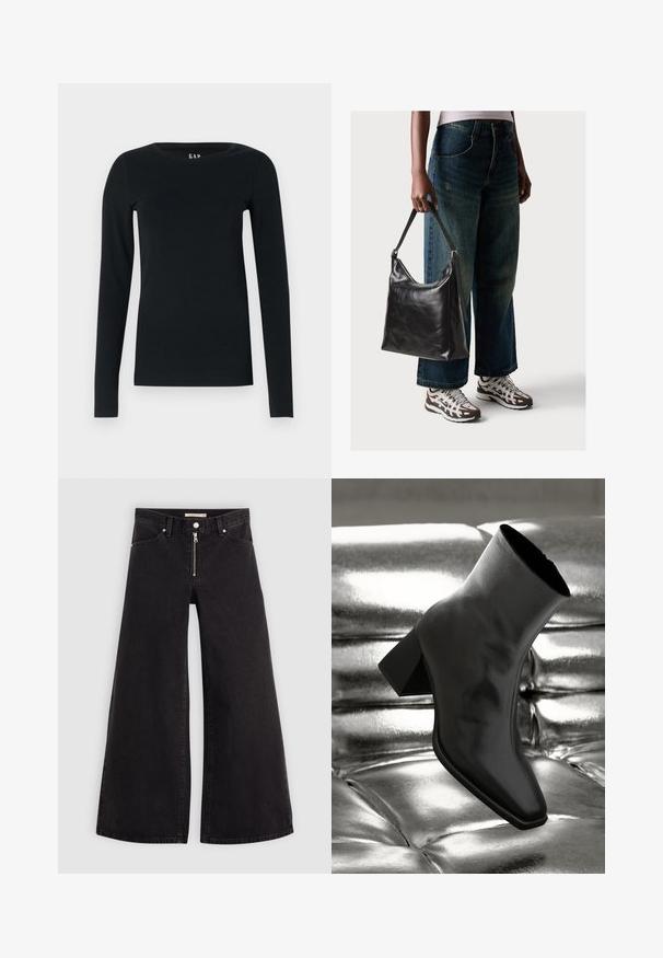 Melns garajai piedurknei tops, izgatavots no mīksta auduma, ar apaļu apkakli un pieguļošu dizainu, bez redzamām rakstu vai detaļu. ; Platas kājas džinsi melnā džinsa audumā ar rāvējslēdzēju priekšā, piecu kabatu dizains un smalkas šuvju detaļas. Gluda tekstūra un ikdienišķs stils.; Melnas potītes kurpes, izgatavotas no spīdīga materiāla, ar kvadrātveida purngalu un konusveida papēdi, novietotas uz spīdīga sudraba izšūta fona.; Melna ādas pleca soma ar gludu tekstūru un regulējamu siksnu, saskaņota ar izbalējušām platām biksēm un sportiskām kedām.