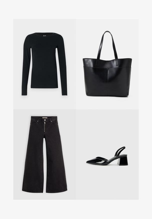 Top preto de manga longa feito de tecido macio, com decote redondo e design ajustado, sem padrões visíveis ou detalhes em hardware.; Calças de ganga de perna larga em denim preto com fecho éclair à frente, design de cinco bolsos e detalhes de costura subtil. Textura suave e estilo casual.; Sandy em verniz preto com salto slingback, ponta afilada e salto geométrico. Apresenta um design elegante e minimalista com textura suave.; Bolsa tote preta em couro com duas alças longas, textura suave e forma estruturada. Apresenta um bolso frontal para armazenamento adicional.
