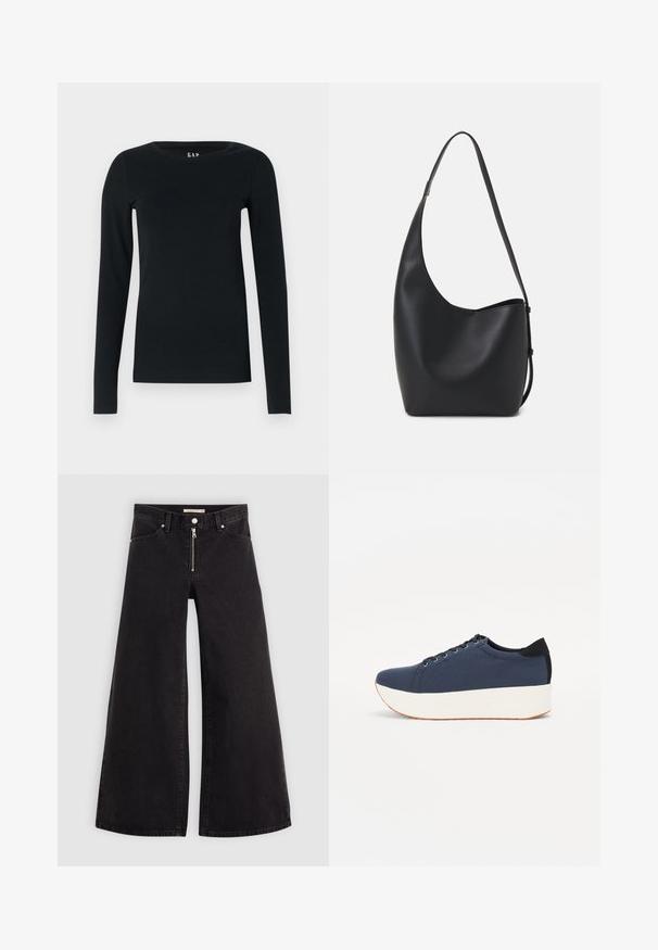 Melns garajai piedurknei tops, izgatavots no mīksta auduma, ar apaļu apkakli un pieguļošu dizainu, bez redzamām rakstu vai detaļu. ; Platas kājas džinsi melnā džinsa audumā ar rāvējslēdzēju priekšā, piecu kabatu dizains un smalkas šuvju detaļas. Gluda tekstūra un ikdienišķs stils.; Navy zilo apavi ar strukturētu auduma augšdaļu, baltu platformas zoli, noapaļotu pirkstu daļu un melnu papēža akcentu. Iekļautas sešas acs caurumi šnuķēšanai.; Melnas ādas hobo soma ar gludu tekstūru, izliekta forma un vienu regulējamu jostu; augšā ir plaša atvere.