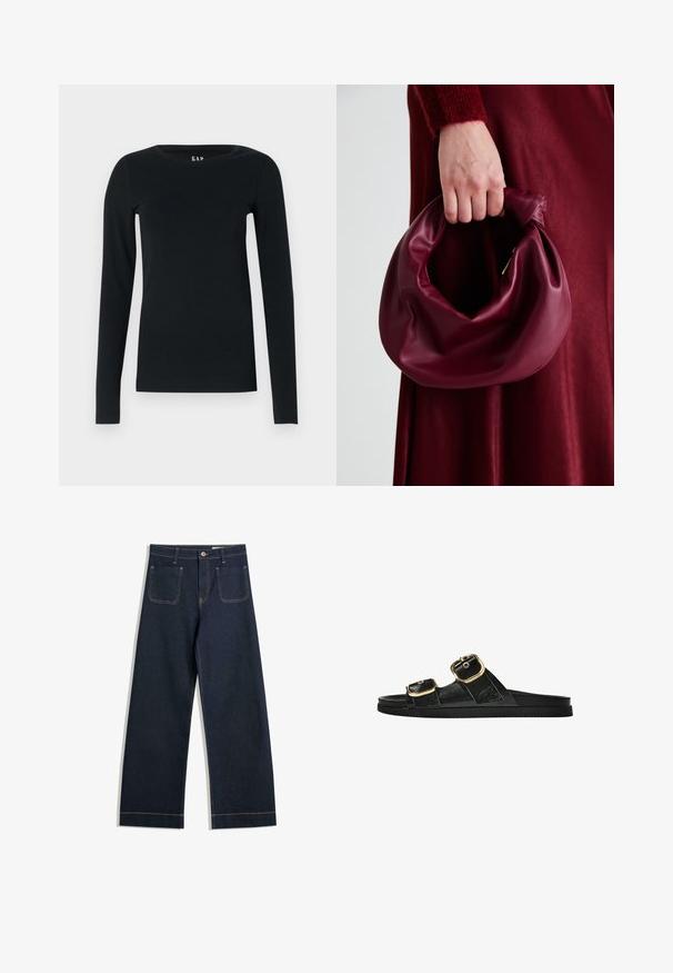 Črna majica z dolgimi rokavi, izdelana iz mehkega blaga, z okroglim izrezom in oprijetim krojem, brez vidnih vzorcev ali kovinskih detajlov.; Temno modre široke jeans hlače iz denima s kontrastnim svetlo rjavim šivi, dvema zadnjima žepoma in gumbom za zapirjanje v pasu.; Črne drsne sandale z dvema zlatima zaponkama, gladkega materiala, ravnim podplatom in minimalističnim dizajnom.; Bordo usnjeni ročni torbici s mehak, nabrana zasnova in okrogla oblika. Ročaj je varen in prikazuje gladko teksturo.