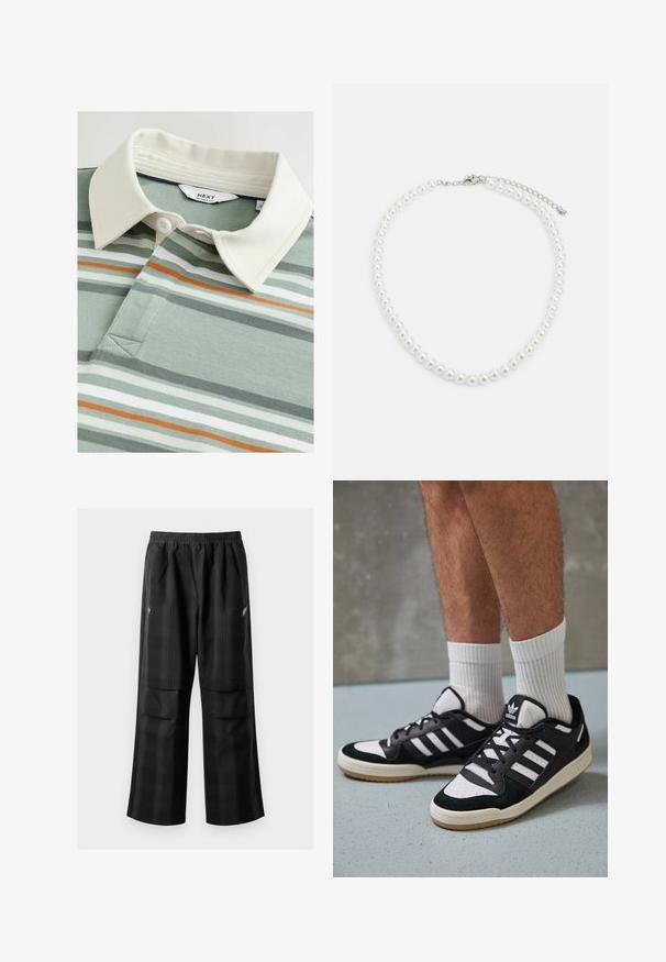 Grøn- og hvidstribet polo skjorte med krave i off-white og tre knapper, lavet af tekstureret stof, der har subtilt orange detaljer.; Sorte ternede bukser med elastisk talje, to forlommer og en løs pasform med lige ben. Fremstillet af letvægtsmateriale.; Sorte og hvide sneakers med en overdel i ruskind og læder, der har tre hvide striber, en perforeret tå og en sål i gummigummi.; Hvid perlekæde med ensartet rund form, glat overflade og metalspænde med forlængerkæde for justerbar længde.