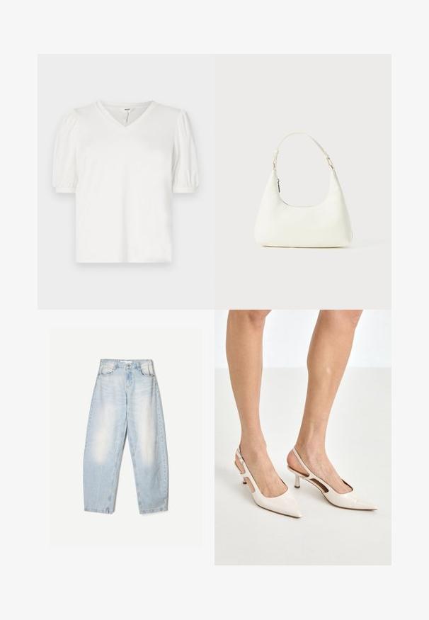 Bela V-izrezana majica iz gladkega materiala, z nabranimi rokavi in rahlo ohlapnim krojem. Preprost dizajn brez vzorcev ali dodatkov.; Bela srajca z gumbom, klasičnega ovratnika, dolgimi rokavi in sproščenim krojem. Narejena iz lahkotnega blaga z gladko teksturo.; Svijetloplave traperice slobodnog kroja, s izbjeljenom završnom obradom, dva prednja džepa i kopčom na gumbe na pojasu.; Bež lakirane usnjene čevlje na peto s koničastim nosom in 5 cm visokim peto, ki imata izrezane stranice in tanko zanko okoli gležnja.; Majhna bela torbica za ramo z enim nastavljivim trakom in zadrgo, postavljena na enobarvno belo ozadje.