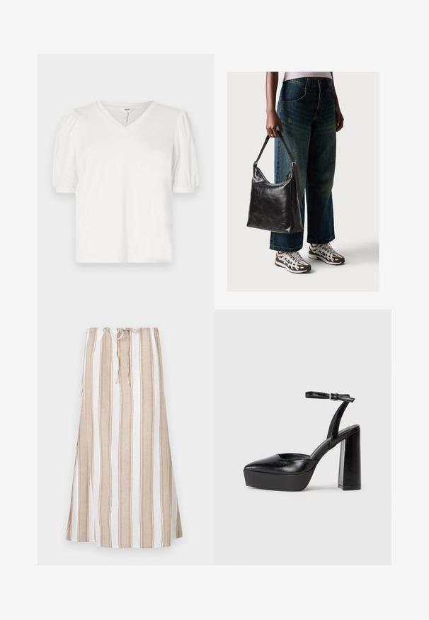 Valkoinen V-päinen t-paita, joka on valmistettu sileästä kankaasta. Paitassa on puffihihoja ja hieman löysä istuvuus. Yksinkertainen malli ilman kuvioita tai yksityiskohtia.; Raidallinen hame valkoisena ja vaaleanruskeana, jossa on nyörikiinnitys vyötäröllä ja pitkä, valuva muoto. Valmistettu kevyestä kankaasta, joka on rento istuvuus.; Mustat korkeat platform-kengät, joissa on terävä kärki ja säädettävä nilkkaremmi. Valmistettu sileästä nahasta ja varustettu paksulla lohkokorkeudella.; Musta nahkainen olkalaukku, jossa on sileä pinta ja säädettävä hihna, yhdistettynä haalistuneisiin leveälahkeisiin farkkuihin ja urheilukenkien kanssa.