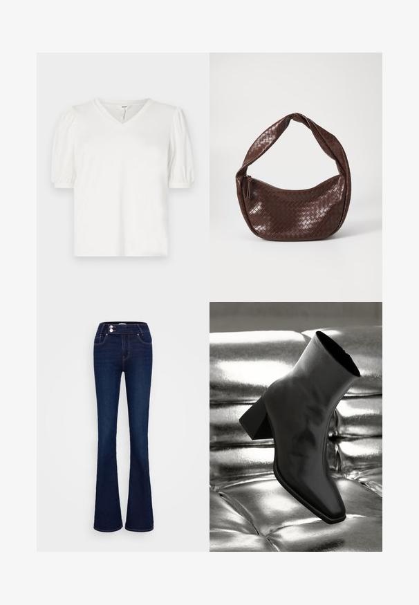 Weißes V-Ausschnitt-T-Shirt aus glattem Stoff, mit Puffärmeln und einer leicht lockeren Passform. Einfaches Design ohne Muster oder Akzente.; Dunkelblaue Schlagjeans mit hoher Taille, zwei Fronttaschen und zwei Knopfverschlüssen. Hergestellt aus Denim mit glatter Textur.; Schwarzer Knöchelstiefel aus glänzendem Material mit quadratischer Zehenform und verjüngtem Absatz, vor einem glänzenden silbernen gepolsterten Hintergrund.; Braune geflochtene Lederhandtasche mit einem geschwungenen, geknoteten Griff und einem Reißverschluss. Glatte Textur und runde Form.