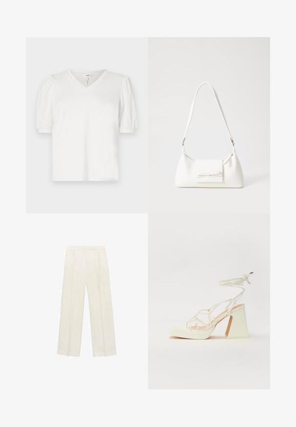 Weißes V-Ausschnitt-T-Shirt aus glattem Stoff, mit Puffärmeln und einer leicht lockeren Passform. Einfaches Design ohne Muster oder Akzente.; Weit geschnittene Hosen in einem hellen cremefarbenen Farbton. Hergestellt aus einem glatten Stoff mit Falten an der Vorderseite und seitlichen Taschen.; Weiße High-Heel-Sandale mit einem klobigen Absatz, die über ein Riemchendesign und ein Knöchelband verfügt. Glatte Textur mit einer Plattform vorne für zusätzliche Höhe.; Weiße synthetische Handtasche in dreieckiger Form, flache Vorderklappe und Schleifendetail, verstellbarer Trageriemen, glatte Textur und minimalistisches Design.