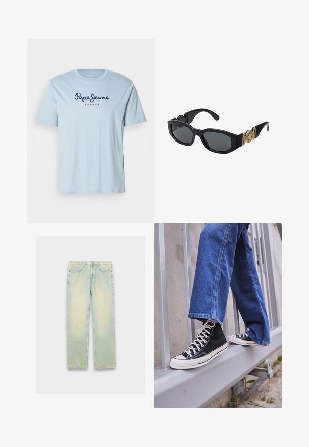 Ljusblå bomulls t-shirt med korta ärmar, med en mörkblå "Pepe Jeans" logotyp och röd "LONDON" text över bröstet.; Ljust blå denimjeans med lös passform, med fem fickor, dragkedjegylf och en blekt finish över låren och knäna.; Svarta högskurna sneakers med vit sula och snören, tillsammans med lösa blå jeans, vilande på ett grått räcke.; Svarta solglasögon med en kraftig geometrisk ram, mörka linser och guldmetallaccenter på skalmarna som har en rund emblemdetalj.