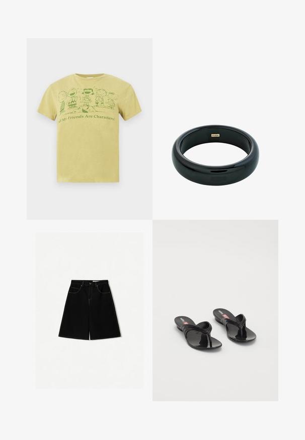Żółta koszulka z zielonymi postaciami z Peanuts, które stoją, oraz Snoopym leżącym na ziemi, z napisem "Wszyscy moi przyjaciele to postacie!"; Czarne szorty dżinsowe o luźnym kroju, z pięcioma kieszeniami, żółtymi przeszyciami i średnim stanem.; Melissa MELISSA QUANTUM THONG X DIESEL czarny; Czarna bransoletka z żywicy z gładką, błyszczącą powierzchnią i zaokrąglonymi krawędziami. Posiada małe złote logo "Pilgrim" na wewnętrznej stronie.