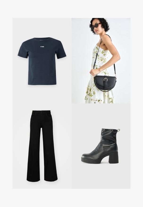 LOIS Jeans NEW EMMA CENTER - T-shirt básica - navy; Calças largas pretas em denim, com uma cintura estruturada, passantes para cinto e bolsos frontais. Textura suave com um design clássico.; Botas de tornozelo pretas feitas de couro liso, com fecho lateral, salto grosso texturizado e design de bico arredondado.; Bolsa de couro preta com forma curva, alça destacável e detalhes em dourado. A bolsa possui uma aba com detalhe de fivela.