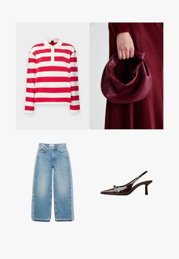 Pitkähihainen polo-paita, jossa on punaisia ja valkoisia vaakaraitoja, kaulus ja puolipainike, valmistettu pehmeästä puuvillasekoitteesta.; Vaaleansiniset leveälahkeiset farkut, joissa on korkea vyötärö, napitus, etutaskut ja raaka helma.; Ruske patenttimuoviset slingback-kengät, joissa on terävä kärki, matala korko ja koristeellinen kaarroke etuosassa. Sileä, kiiltävä pinta.; Burgundy-nahkakäsilaukku, jossa on pehmeä, ryppyinen muotoilu ja pyöreä muoto. Kahva on kiinnitetty tukevasti, ja siinä on sileä pinta.