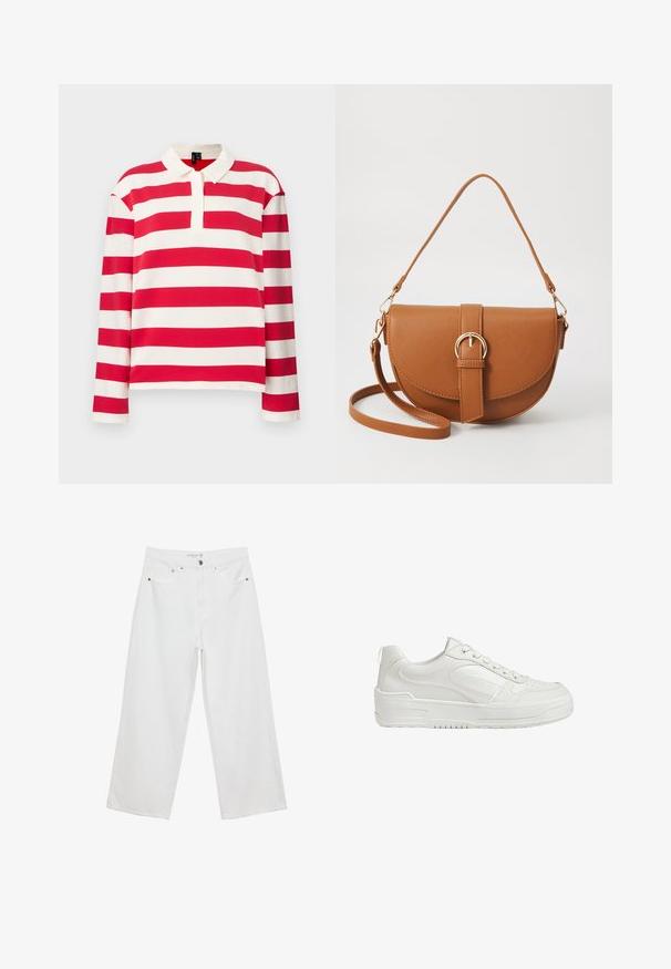 Långärmad polo med röda och vita horisontella ränder, med krage och halvknäppning, tillverkad av en mjuk bomullsmix.; Vita vida jeans i denim med hög midja, med fem fickor och metalldetaljer. Slät textur, inga synliga mönster.; Vita lädersneakers med slät yta, vadderad ankel och perforerad tå. Har en något upphöjd gummisula och snörningsdesign.; Brun läder crossbody-väska med en böjd form, gyllene detaljer och en spänneaccent. Har en avtagbar axelrem.