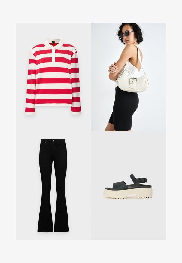Ilgstoša piedurkne polo krekls, kas dekorēts ar sarkaniem un baltiem horizontāliem svītrām, aprīkots ar apkakli un pussprādzēm, izgatavots no mīkstas kokvilnas maisījuma.; Melni augsta jostas šorti ar pogu un rāvējslēdzēju, priekšējām kabatām un izplestām kājām, nolikti uz balta fona.; Melnas zamšādas platformas sandales ar masīvu baltu zoli, plašu priekšējo siksnu un regulējamu potītes sprādzi. Rievojuma zole labākai saķerei.; Balta ādas rokassoma ar izliekta formu, regulējamu siksniņu un mazu sprādzi. Modelis valkā pieguļošu melnu apģērbu.