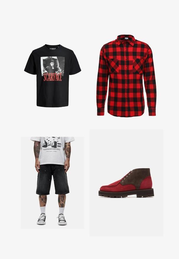 Zwarte katoenen t-shirt met een opvallende witte afbeelding van een man in een stoel. Het woord "SCARFACE" is in vet rood onder het beeld gedrukt.; Rode en zwarte geruite flanellen shirt met knoopsluiting aan de voorkant, lange mouwen en twee borstzakken. Textuurstof met een vierkant patroon.; Good For Nothing WIDE LEG SHORTS - Jeansshort - black; Rode en bruine suède enkellaarsjes met een ronde neus, metalen oogjes en een gestructureerde zwarte rubberen zool. Kenmerkend zijn de contrasterende bovenpanelen.