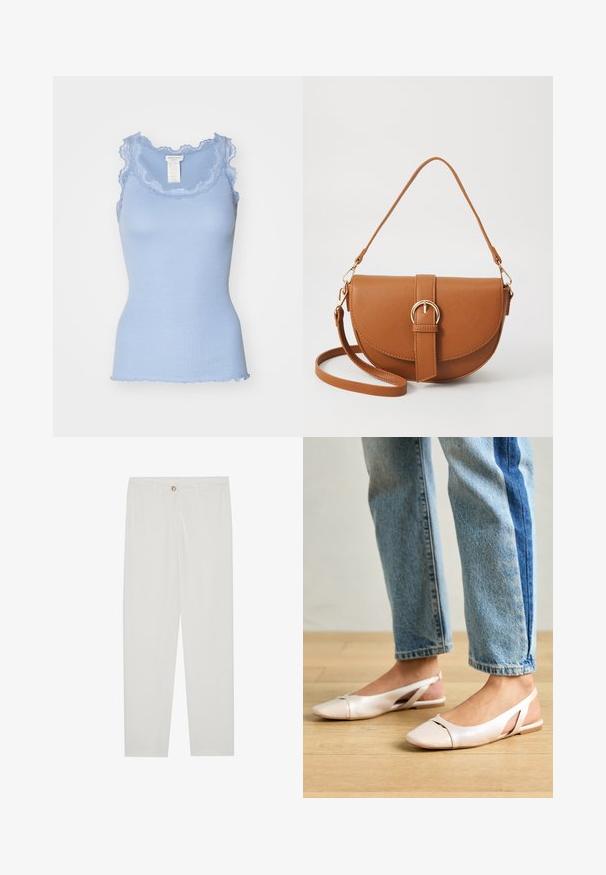 Top de alças em azul claro com acabamento de renda ao nível do decote e das cavas; bordas franzidas e silhueta justinha. Etiqueta visível na parte de trás.; Calças brancas, ajustadas, com um design de perna reta, apresentando um fecho de botão, passantes para cinto e bolsos laterais; textura de tecido suave.; Sapatilhas slingback de cor rosa pálido com bico fino, feitas de um material semelhante a couro liso. Apresentam detalhes recortados nas laterais e um salto plano.; Bolsa transversal de couro castanho com um formato curvado, ferragens douradas e um detalhe de fivela. Inclui uma alça de ombro destacável.