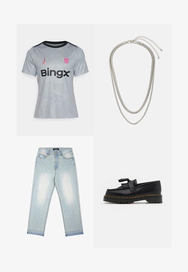 Gray athletic jersey with short sleeves, featuring a black collar and pink logos for Nike and Bingx, with textured patterns on fabric.; Pegador BARROW - Loose Jeans - sand washed blue; Black leather loafer with a tasseled accent, featuring a chunky black sole and yellow stitching along the edge. Textured finish.; Three-layered silver metal necklace featuring sleek, flexible chains with a slight sheen, secured with a lobster clasp and adjustable chain.