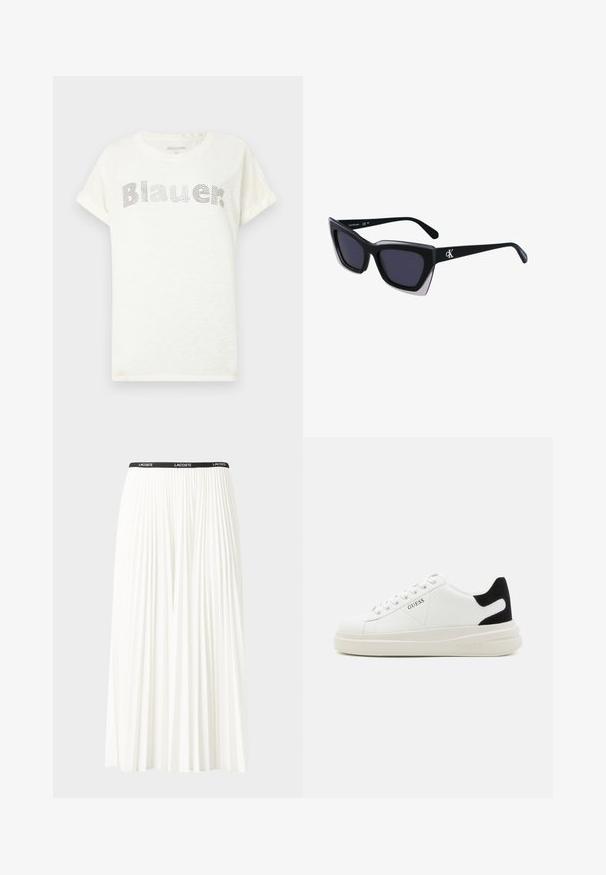 Valge lühikeste varrukatega t-särk pehmest kangast, millel on rinnal punktidega 'Blauer' logo. Keeratud varrukad lisavad vabamat istuvust.; Kurtitudega valge seelik musta elastse vööga, millel on "LACOSTE" logo. Keskmise pikkusega disain pehme tekstuuriga.; Valged nahast tennisetossud paksu valge tallaga, musta sametist kontsakeeuga ja külje peal riigilogo reljeefne kujundus. Lukkeskeem kuue silmaauguga.; Mustad suured mustad prillid geomeetrilise kujuga, tumedate läätsedega ja kontrastse halli detailiga raamidel. Logo käe peal.