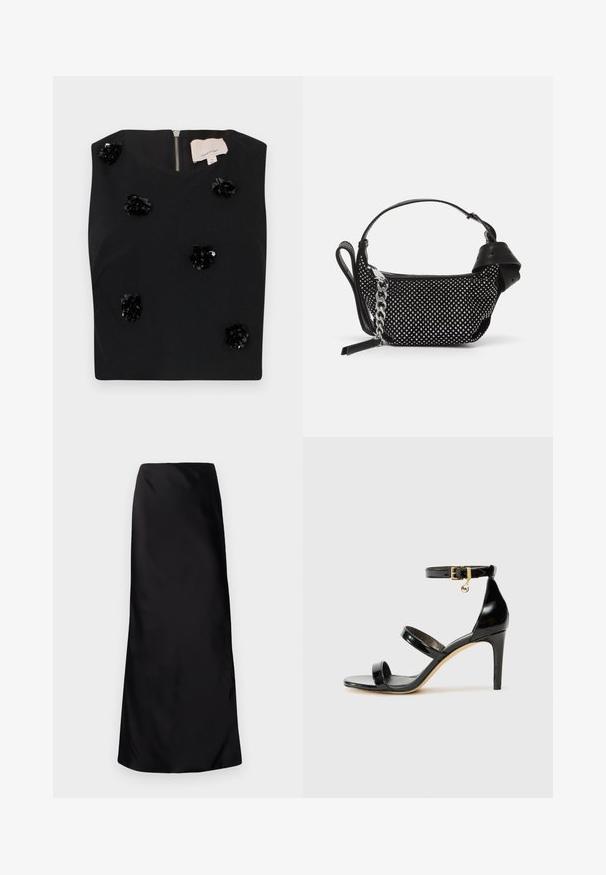 Top senza maniche nero con scollatura quadrata, caratterizzato da applicazioni floreali in paillettes e una cerniera sul retro. Tessuto di superficie liscia. Taglia S.; Norma Kamali BIAS OBIE SKIRT - Gonna lunga - black; Sandalo in pelle verniciata nera con tre cinturini, fibbia alla caviglia e tacco a stiletto di 10 cm. Presenta dettagli in hardware dorato e un charm con logo.; Borsa nera con un design texture, adornata con borchie argentate e una robusta tracolla in argento. Presenta una forma elegante e minimalista.