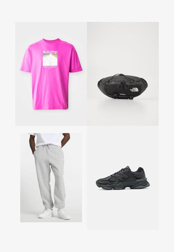 Roza pamučna majica s kratkim rukavima koja sadrži kvadratni grafički dizajn s vijugavom cestom i natpisom "Nema ciljne linije" ispod dizajna spirale.; Muškarac u svijetlosivim trenirka s vezicom i bijelim tenisicama, stoji s rukama u džepovima na bijeloj pozadini.; Crne trkačke tenisice izrađene od kombinacije mrežastih i sintetičkih materijala, s debelim potplatom, zakrivljenim dizajnom i istaknutim brendom sa strane.; The North Face TERRA LUMBAR 3L UNISEX - Pojasna torbica - asphalt grey/black