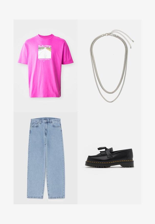 Tricou din bumbac roz, cu un grafic pătrat ce ilustrează un drum sinuos și textul "Nu există linie de sosire" sub un design în spirală. Mâneci scurte.; Jeans din denim de culoare albastru deschis, cu un design cu picioare drepte, având talie medie, cinci buzunare și un sistem de închidere cu nasture și fermoar.; Mocasini din piele neagră cu un accent ciufulit, având o talpă groasă neagră și cusături galbene pe margine. Finisaj texturat.; Colier din metal argintiu în trei straturi, cu lanțuri elegante și flexibile, cu un ușor luciu, asigurat cu un închizător de tip homar și un lanț ajustabil.