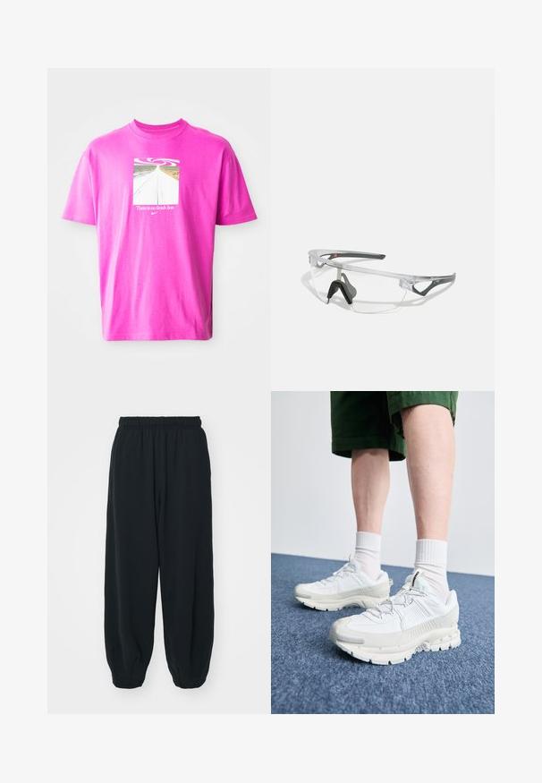 Rosa Baumwoll-T-Shirt mit einer quadratischen Grafik, die eine kurvenreiche Straße zeigt, und dem Text "Es gibt keine Ziellinie" unter einem Wirbel-Design. Kurze Ärmel.; Schwarze Sweatpants mit elastischem Bund, lockerer Passform, gerippten Beinabschlüssen, glatter Textur und ohne sichtbare Muster oder Hardware-Akzente.; Weiße Sportschuhe mit strukturierten Überzügen, einer dicken Sohle und grauen Akzenten. Tragen mit weißen Crew-Socken und grünen Shorts auf einer blauen Oberfläche.; Klare Schutzbrille mit einem leichten, transparenten Rahmen und grauen Akzenten. Verfügt über ein umschließendes Design und ein verstellbares Nasenstück.