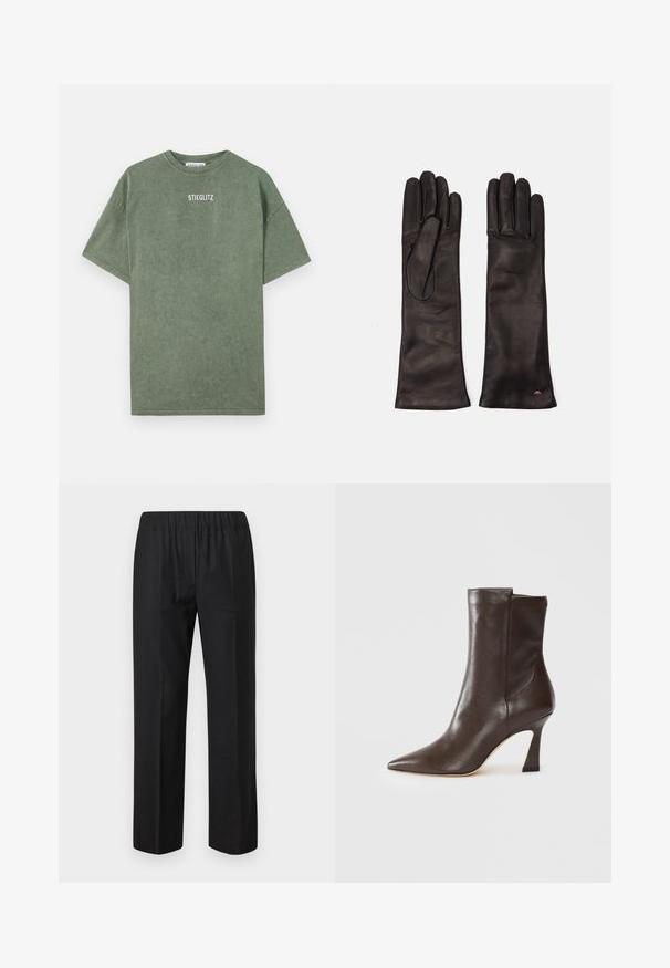 Grøn bomulds t-shirt med rund halsudskæring, korte ærmer og et trykt "STIEGLITZ" logo på brystet. Blød tekstur og afslappet pasform.; Sorte bukser med elastisk talje, lige ben-design og uden synlige lommer. Glat stof med mat finish.; Mørkebrune læderstøvler til midt på læggen med spids tå, buet slank hæl og glat overflade på en hvid baggrund.; Weekend Max Mara SENAPE - Handsker - nero