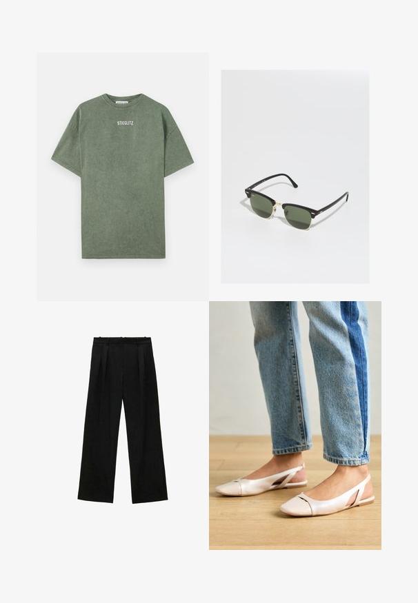T-shirt verde in cotone con collo rotondo, maniche corte e logo stampato "STIEGLITZ" sul petto. Texture morbida e vestibilità casual.; Pantaloni neri a gamba larga con pieghe, caratterizzati da una texture liscia e un design a vita alta. Stile minimalista, senza hardware o decorazioni visibili.; Ballerine slingback rosa pallido con punta affusolata, realizzate in un materiale simile alla pelle liscio. Presentano dettagli a taglio sui lati e un tacco piatto.; Occhiali da sole neri e oro con lenti verdi, dotati di forma a occhio di gatto, accenti metallici e una montatura testurizzata.