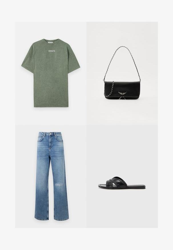 T-shirt de algodão verde com gola redonda, mangas curtas e um logo impresso "STIEGLITZ" no peito. Textura suave e corte descontraído.; Calças de ganga largas de cor azul-claro em tecido de denim, com uma cintura alta, design de cinco bolsos e "STIEGLITZ" bordado na coxa esquerda.; Chinelas pretas com acabamento em couro liso, apresentando tiras entrelaçadas e detalhes recortados, além de uma sola plana e flexível.; Saco de couro preto com uma alça de corrente prateada, apresentando ornamentos em forma de asas e costura branca ao longo da costura inferior.