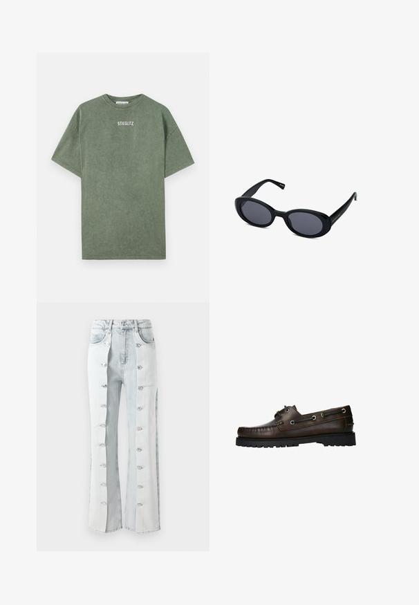Groene katoenen T-shirt met een ronde hals, korte mouwen en een bedrukte "STIEGLITZ"-logo op de borst. Zachte textuur en casual pasvorm.; Lichtblauwe denim jeans met zilveren knoopaccenten, met een wijd uitlopende pasvorm en zijpanelen. De stof heeft een gestructureerde afwerking.; Bruine leren bootschoen met moccasinstiksel, metalen oogjes en een gestructureerde zwarte rubberen zool.; Zwarte ovale zonnebril met donkere lenzen, dikke kunststof montuur, licht gebogen ontwerp en gouden logo-detail op de poot.