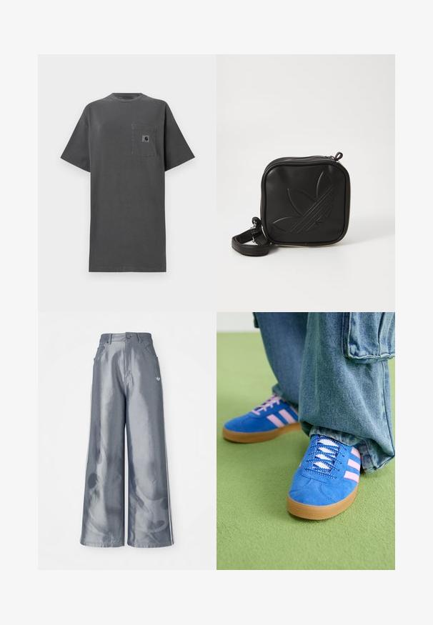 Szara bawełniana koszulka z luźnym krojem, okrągłym dekoltem, krótkimi rękawami oraz kieszonką na piersi z małą naszywką logo.; Szerokie spodnie w błyszczącym szarym kolorze, z białymi paskami po bokach i wzorem płomieni na dolnej części nogawek. Zapięcie na guzik i zamek błyskawiczny w talii.; Niebieskie zamszowe buty z różowymi paskami i białymi sznurowadłami, z gumową podeszwą, zestawione z luźnymi dżinsami na zielonej powierzchni.; Czarna torba na ramię wykonana z teksturowanego materiału syntetycznego. Posiada wytłoczone logo oraz regulowany pasek. Zamek błyskawiczny.
