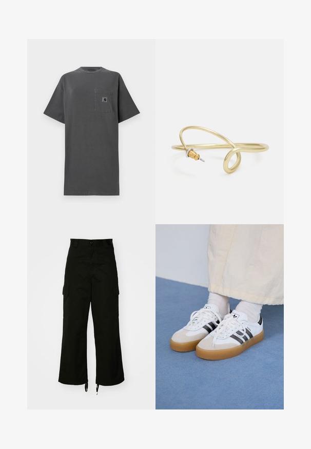 Sivá bavlnená tričko s voľným strihom, okrúhlym výstrihom, krátkymi rukávmi a vreckom na hrudi s malou nášivkou loga.; Čierne cargo nohavice vyrobené z bavlny, s širokými nohavicami, bočnými vreckami a sťahovacími lemami. Dizajn zahŕňa gombíkový uzáver v páse.; Biele tenisky s čiernymi pruhmi a béžovými semišovými detailmi. Majú textúrovanú gumovú podrážku a ploché biele šnúrky, kombinované s svetlými ponožkami.; Náušnica zo zlato sfarbeného kovu s plynulým, zakriveným dizajnom. Na jednom konci je malý, výrazný strieborný akcent.