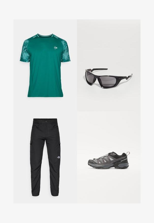 Turkise trenings T-skjorte med kortermet. Har et teksturert grafisk mønster på ermene, rund hals og logo på brystet.; The North Face HORIZON PANT - Friluftsbukser - black; Sportsko sko med et strømlinjeformet design, grå syntetisk overdel med mesh-paneler, svarte detaljer og gummisåle med utpreget grep.; Sorte solbriller med et strømlinjeformet design, grå tonede linser, brede rammer og teksturerte svarte armer med logo detalj.