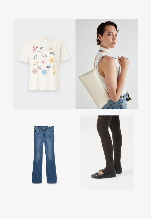 Krämfarvet bomulds T-shirt med et collage af hav-tema grafikker, inklusive skaller, en hummer og marine planter.; Blå denim bukser med vidde i bunden og normal taljehøjde, to forreste lommer og en stikning i taljebåndet. Blød tekstur og traditionelt femlommers design.; Sorte flade sko med en lille sløjfedetalje ved tåen, parret med mørkebrune ribbede strømpebukser. Skoene har en glat overflade og lav profil.; Hvid rektangulær clutch-taske lavet af skinnende materiale, med en sølv kædetransport. Modellen poser, mens hun fremviser tasken mod en ensfarvet baggrund.