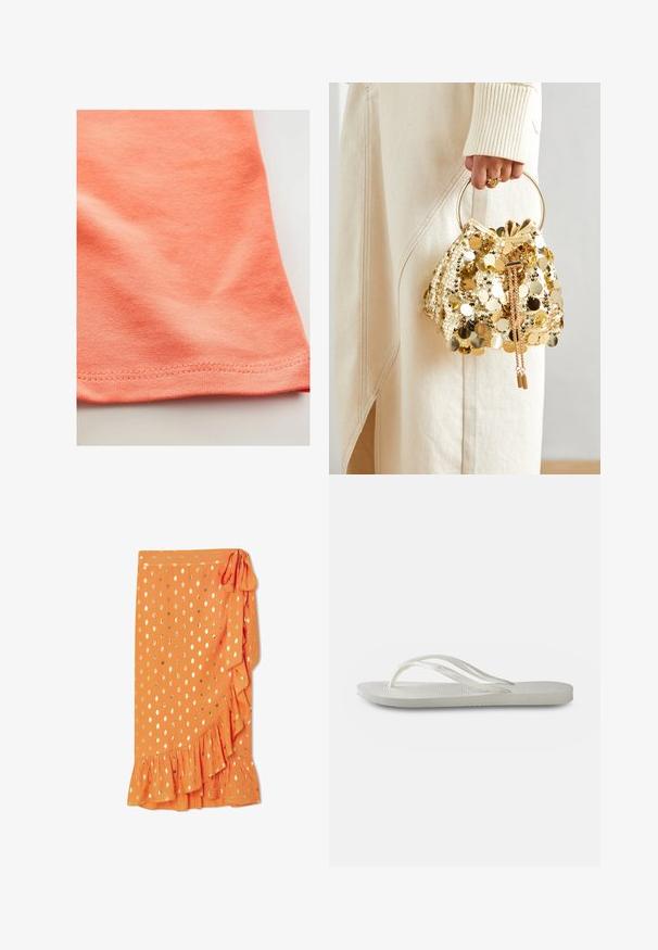 Koszulka z krótkim rękawem w kolorze koralowo-pomarańczowym, wykonana z gładkiej bawełny z lekkim streczem. Posiada zaokrąglony dół i staranne przeszycia.; Pomarańczowa koszula z długim rękawem, wykonana z lekkiego materiału, z złotymi kropkami, zapinana na guziki oraz z mankietami na guziki, w luźnym fasonie.; Pomarańczowa spódnica w stylu owijanym w złote kropki, z falbaniastym dołem i bocznym wiązaniem. Wykonana z lekkiego materiału, charakteryzującego się gładką teksturą.; Białe klapki z teksturowaną podeszwą, z cienkimi paskami i płaskim fasonem. Wykonane z gumy, z subtelnym logo na wkładce.; Złota torebka worek z cekinami, z okrągłym uchwytem, ozdobiona błyszczącymi okrągłymi cekinami oraz teksturowanym materiałem. Wymiary nie są podane.
