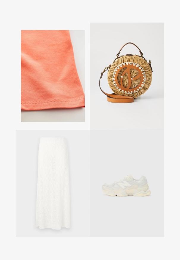 Tricou cu mânecă scurtă în nuanța coral-oranj, realizat dintr-un material de bumbac neted, cu o ușoară elasticitate. Prezintă o margine curbată și cusături fine.; Fustă maxi din dantelă albă, cu un model texturat, talie elastică și o formă vaporătoare. Țesătura pare ușoară și aerisită.; Adidaș ușor, cu un superior din plasă și piele întoarsă în nuanțe de crem moale, cu o talpă groasă și accente tridimensionale.; Geantă circulară din răchită țesută, cu un accent din piele maro, având un decupaj circular și cusături crem; include o curea maro.