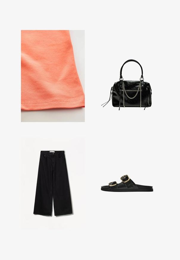 Lyhyet hiha t-paita korallinvärisessä oranssissa, valmistettu sileästä puuvillakankaasta, jossa on hieman venyvyyttä. Siinä on kaareva helma ja hienot ompeleet.; Bershka WIDE-LEG - Leveälahkeiset - black; Musta liukusandaali, jossa on kaksi kultaisesta solkesta tehtyä korostusta, sileäpintainen materiaali, litteä pohja ja minimalistinen muotoilu.; Bershka WITH CHAIN - Käsilaukku - black