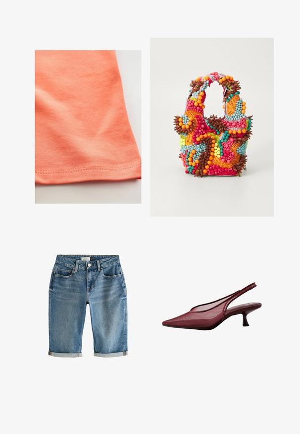 Korte mouwen t-shirt in koraaloranje, gemaakt van gladde katoenstof met een lichte stretch. Heeft een gebogen zoom en fijne stiksels.; Blauwe denim knielange shorts met een omgeslagen zoom, vijf zakken en een metalen knoopsluiting. Stof heeft een licht vervaagde uitstraling.; Bordeaux slingback pumps met een spitse neus en een bovenwerk van gaas. Beschikt over een slanke hak en uitsnijdingen, wat een elegante silhouet biedt.; Beaded handtas met levendige kleuren: roze, oranje, blauw en bruin. Getextureerd oppervlak met ronde kralen en organische vormen, stevige handvatten.