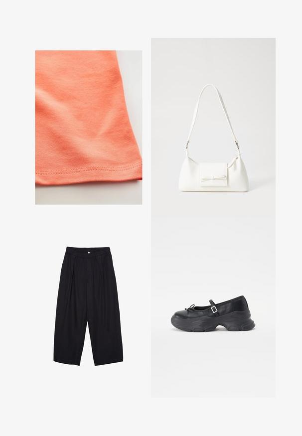 Short-sleeve t-shirt in coral orange, made of smooth cotton fabric with a slight stretch. Features a curved hem and fine stitching.; Black polyester culotte pants with an elastic waistband, two front pleats, and a loose silhouette. No visible patterns or hardware details.; Black leather Mary Jane shoe with a rounded toe, bow detail, and an adjustable ankle strap. Features a chunky rubber sole with curved accents.; White synthetic handbag with a triangular shape, flat front flap and bow detail, adjustable strap, smooth texture, and minimalistic design.