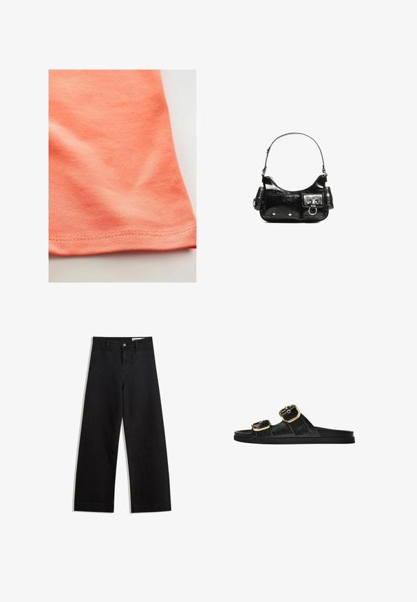 Tričko s krátkým rukávem v korálově oranžové barvě, vyrobené z hladké bavlněné tkaniny s mírným elastickým efektem. Má zakřivený lem a jemné švy.; Černé denimové kalhoty s volným střihem a vysokým pasem, vybavené předními a zadními kapsami, prošívanými švy a knoflíkovým zapínáním. Hladká textura.; Černé kluzné sandály s dvěma zlatými sponami, hladkým texturovaným materiálem, plochou podrážkou a minimalistickým designem.; Černá lakovaná kožená kabelka s křivkovým tvarem, jedním ramenním popruhem, předními kapsami a stříbrnými kovovými detaily.