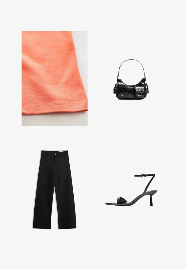 Short-sleeve t-shirt in coral orange, made of smooth cotton fabric with a slight stretch. Features a curved hem and fine stitching.; Black wide-leg denim pants with a high waist, featuring front and back pockets, stitched seams, and a button closure. Smooth texture.; Bershka High heeled sandals - black; Black patent leather handbag with a curved shape, one shoulder strap, front pockets, and silver-tone hardware accents.