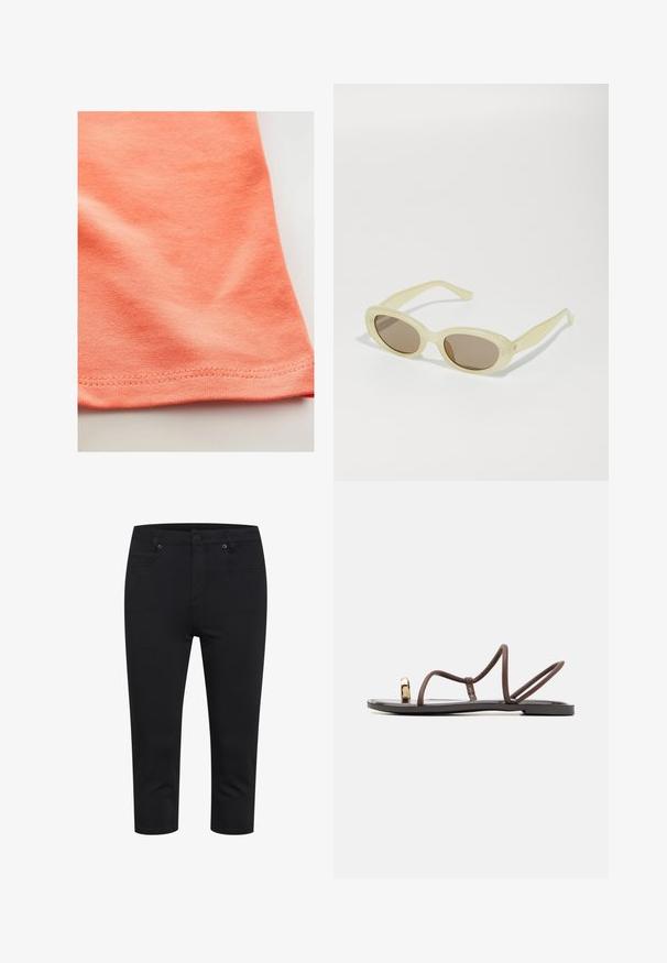 T-shirt s kratkimi rokavi v koralno oranžni barvi, izdelan iz gladke bombažne tkanine z malo razteznimi lastnostmi. Ima ukrivljen rob in fine šive.; Črne kratke ozke hlače s sprednjim gumbom, zadrgo in sprednjimi ter zadnjimi žepi, prikazane na belem ozadju.; Rjave ravne sandale z več tankimi trakovi, zanka za palec in zlato naglavno dekoracijo. Podplat je raven in ima gladko površino.; Ovalne sončna očala s prozornim svetlo rumenim okvirjem in rjavimi lečami. Imajo gladko teksturo in subtilne kovinske detajle na straneh.; Tkané slamnate torbice v obliki polmeseca, z teksturirano površino, bež barvo in dekorativno trobojnico. Detajl logotipa iz zlatih kovinskih elementov.