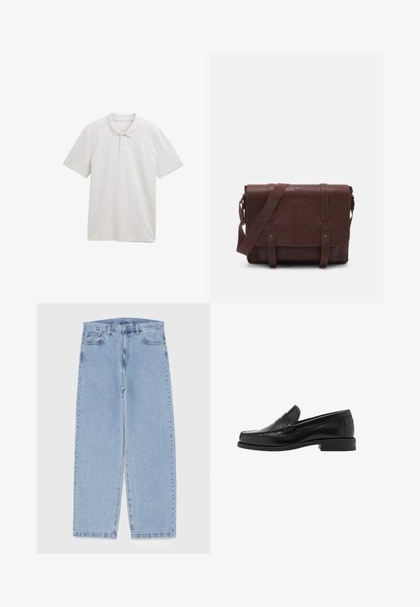 Valkoinen lyhythihainen polo, jossa on klassinen kaulus, kaksinappinen napitus ja hillitty teksturoitu kuvio kankaassa. Yksinkertainen muotoilu ilman logoja.; Vaaleansiniset farkut suoran lahkeen muotoilulla, joissa on puolivälin vyötärö, viisi taskua sekä nappi- ja vetoketjusuljenta.; Musta nahkayksilöinen loafersi, jossa on sileä pinta, ommellut yksityiskohdat varpaisiin ja matala kanta mukavuutta ja tyyliä varten.; Ruskea nahkainen viestintälaatikko, jossa on litteä etuläppä, kaksi remmiä, kultaiset yksityiskohdat ja säädettävä olkahihna.
