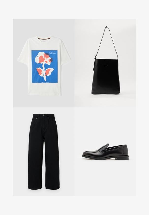 Balts kokvilnas t-krekls ar lielu zilu kvadrātu grafiku, kurā ir daudzkrāsaina abstrakta zieda dizaina un "Paul Smith" uzraksts stūrī.; Melni platās bikses, kas izgatavotas no kokvilnas, ar augstu jostasvietu, priekšējām kabatām, sudraba krāsas pogu un gludu apakšmalu.; Melnas ādas kurpes ar gludu tekstūru, noapaļu purngalu un dekoratīvu siksniņu pāri priekšpusei. Zems sakrauts papēdis, minimālisma dizains.; Melnas ādas pleca soma ar gludu tekstūru, taisnstūra formu un garu siksnu; centrā ir neliels balts logotips.