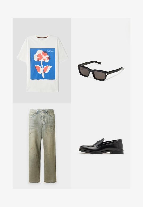 Balta medvilnė t-shirt su dideliu mėlynu kvadratu ir daugiaspalve abstrakčia gėlių dizaino iliustracija, kurioje kampo apačioje užrašyta "Paul Smith".; Šviesiai žaliai nuvarytos džinsinės kelnes, su tiesiomis kojomis, penkių kišenių dizainu, nelygiai blukščiantis ir su dažų lašeliais.; Juodos odinės loafers, turinčios lygų paviršių, apvalią noselę ir dekoratyvinę juostą per priekinę dalį. Žemas krentantis kulnas, minimalistinis dizainas.; Juodos stačiakampės akinių nuo saulės su tamsiais objektyvais, storu plastiko rėmu, auksinėmis detalėmis ant šventyklų ir prekės ženklo logotipu išgraviruotu ant šono.