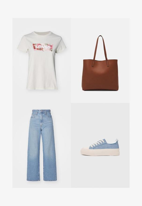 Levi's® LSE THE PERFECT TEE - Print T-shirt - white swan; Light blue high-waist wide-leg jeans with front button and zip closure, front and back pockets, on a white background.; Light blue canvas sneakers with a cream rubber toe cap and outsole, featuring white laces and a pull tab on the heel.; Brown leather tote bag with a smooth texture, open top design, and two shoulder straps. Features minimal stitching and no visible hardware.