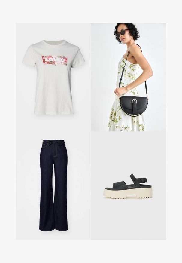 Levi's® Potiskana majica - white swan; Temno modri široki traperje z visokim pasom, sprednjimi žepi in zavezovanjem na pasu.; Črne nubuk sandale na platformi z debelim belim podplatom, širokim sprednjim trakom in nastavljivim zapenjanjem okoli gležnja. Teksturiran podplat za boljši oprijem.; Črna usnjena torbica s ukrivljeno obliko, z odstranljivo naramnico in zlatimi dodatki. Torbica ima pokrov s podrobnostmi v obliki zaponke.